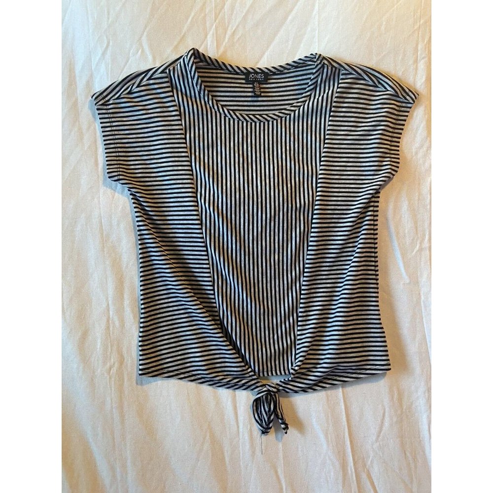 Jones New York Women's Striped Cropped T-Shirt Stretch Round Neck Accent Tie S